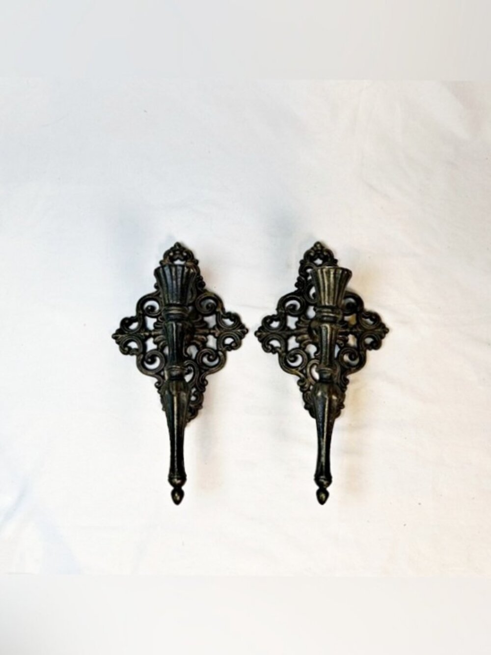 Vintage Set of 2 Gothic Darkened Gold Metal Wall Sconces Candle Holders